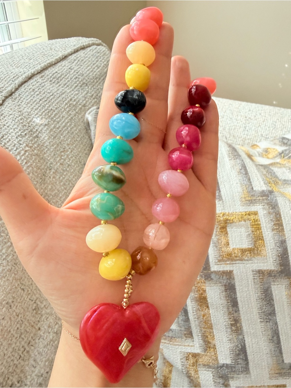 Multicolor Beaded Necklace with Red Heart Pendant - Picture 6 of 7